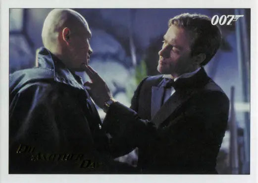 Two men in suits in tense confrontation on James Bond Archives Gold Foil trading card