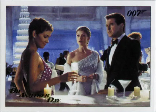 Three elegantly dressed people at a formal event showcased on James Bond Archives gold foil trading card
