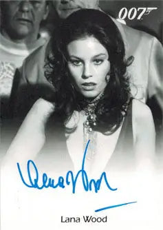 Black and white photo of Lana Wood in necklace, featured on autograph card trading cards