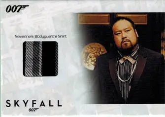 Trading card of Tank Dong in formal wear with Skyfall fabric swatch as costume card