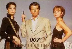 Three elegantly dressed figures on a James Bond promo card featuring 007 and a gun