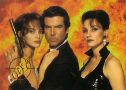 Movie poster for James Bond featuring dramatic poses on a fiery orange background for promo card