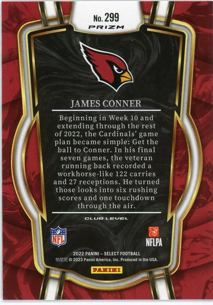 James Conner 2022 Panini Select Club Silver #299 Arizona Cardinals Football Card - Football Card Single