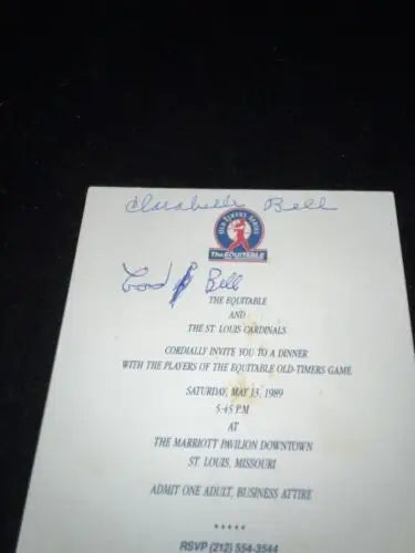 Signed James Cool Papa Bell Equitable Invitation Card for St. Louis Cardinals Dinner