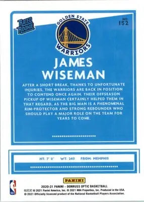 James Wiseman - 2020-21 Donruss Optic - #152 - RC Basketball - Basketball Card Single