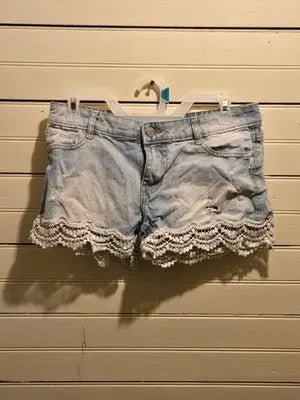 Janina Shorts Womens 36 Light Blue Denim Crochet Lace Trim Distressed Casual - Apparel