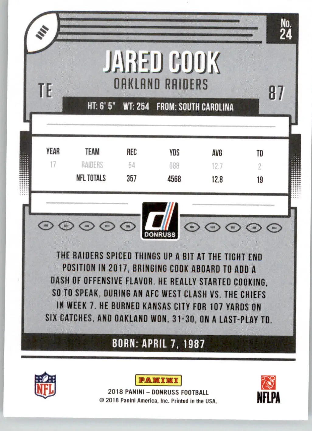 Jared Cook - 2018 Donruss - #24 - Football - Football Card Single