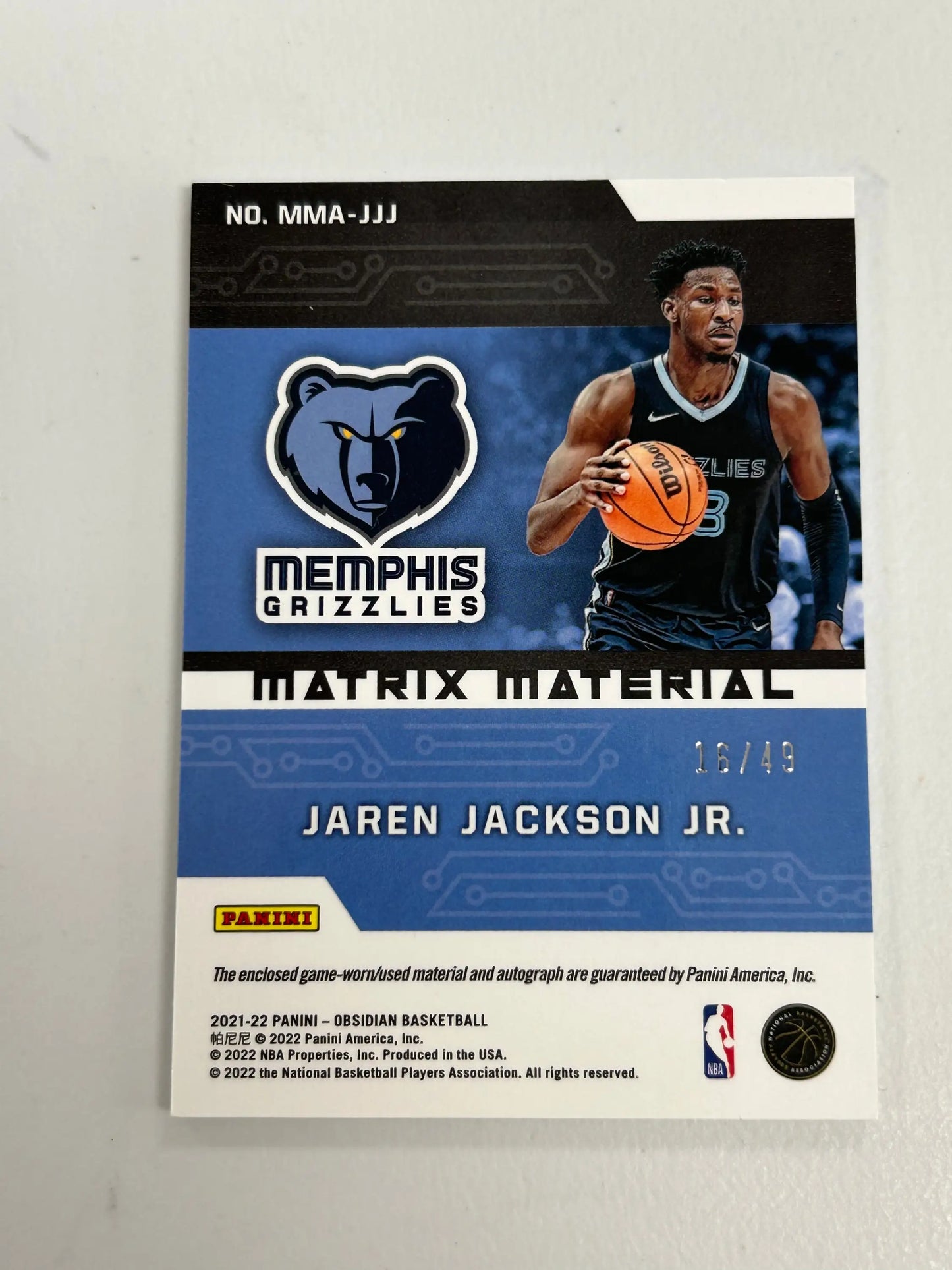 Jaren Jackson Jr. 2021 Panini Obsidian Matrix Material Auto Jersey #16/49 - Basketball Card Single