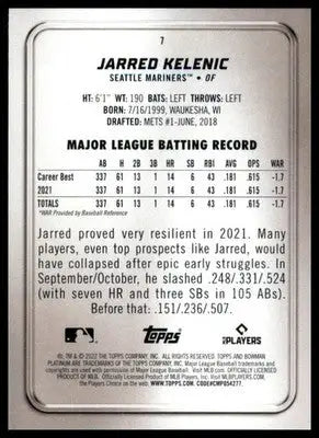 Jarred Kelenic 2022 Bowman Platinum #7 Seattle Mariners - Baseball Card Single