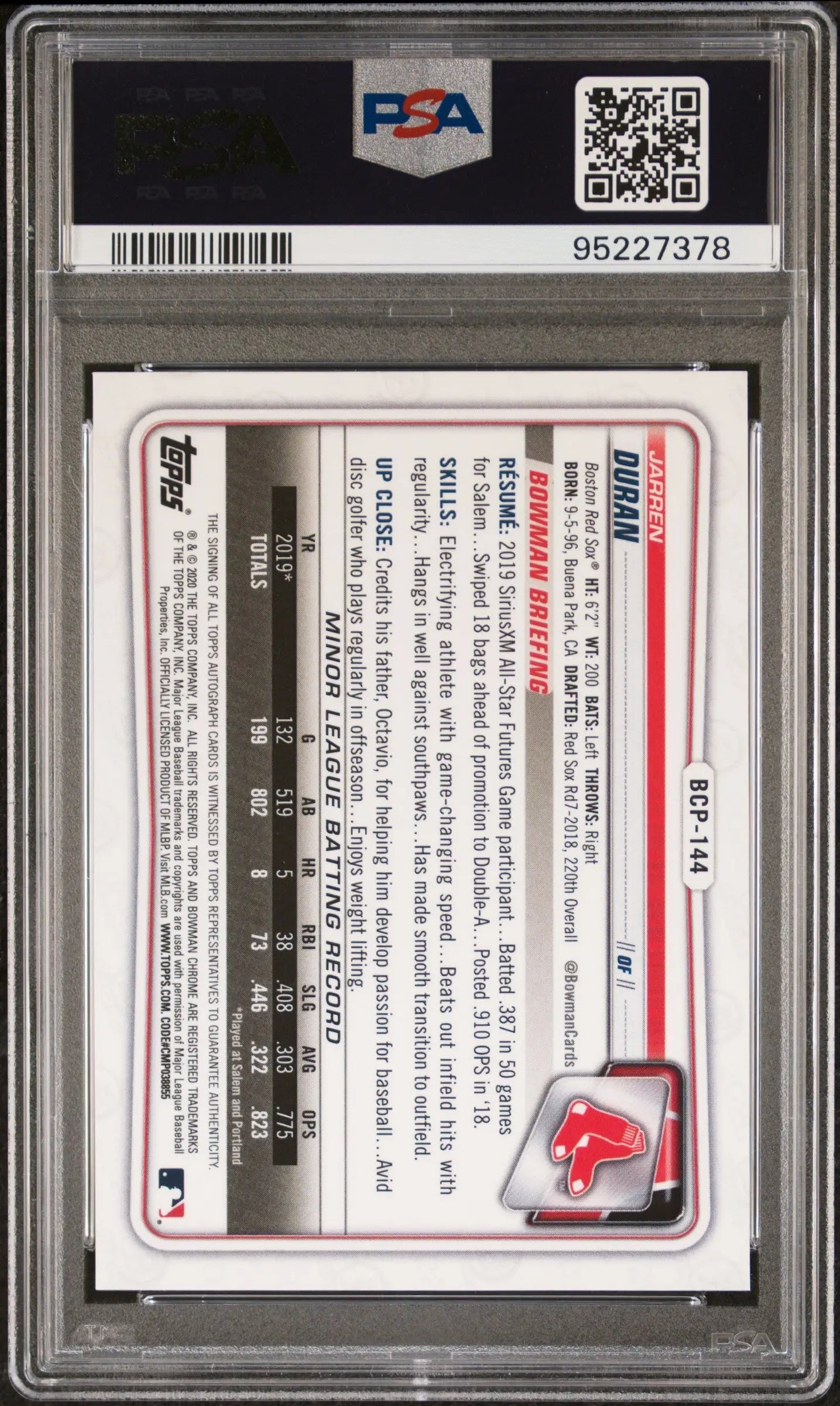 Encased Jarren Duran 2020 Bowman Chrome navy blue jersey auto graded PSA 9