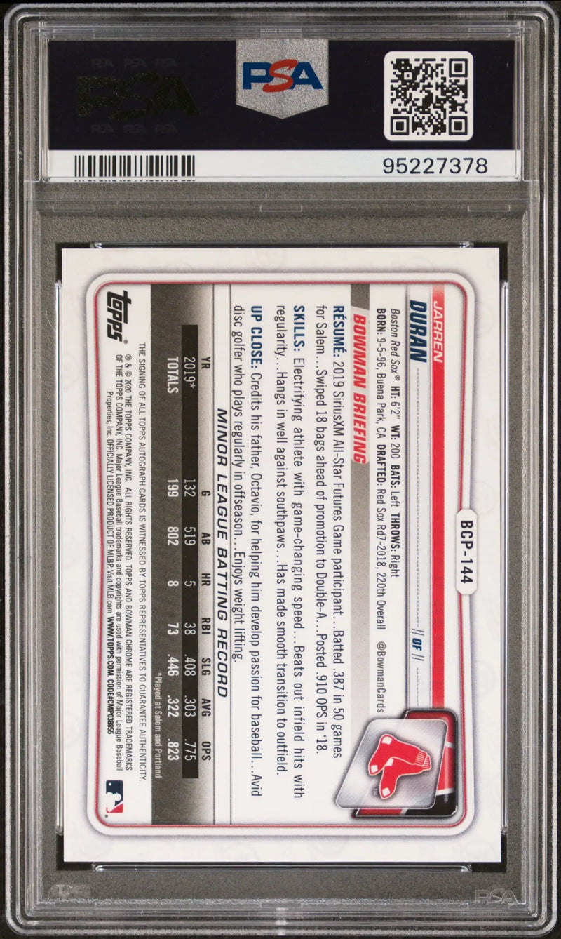 Encased Jarren Duran 2020 Bowman Chrome navy blue jersey auto graded PSA 9