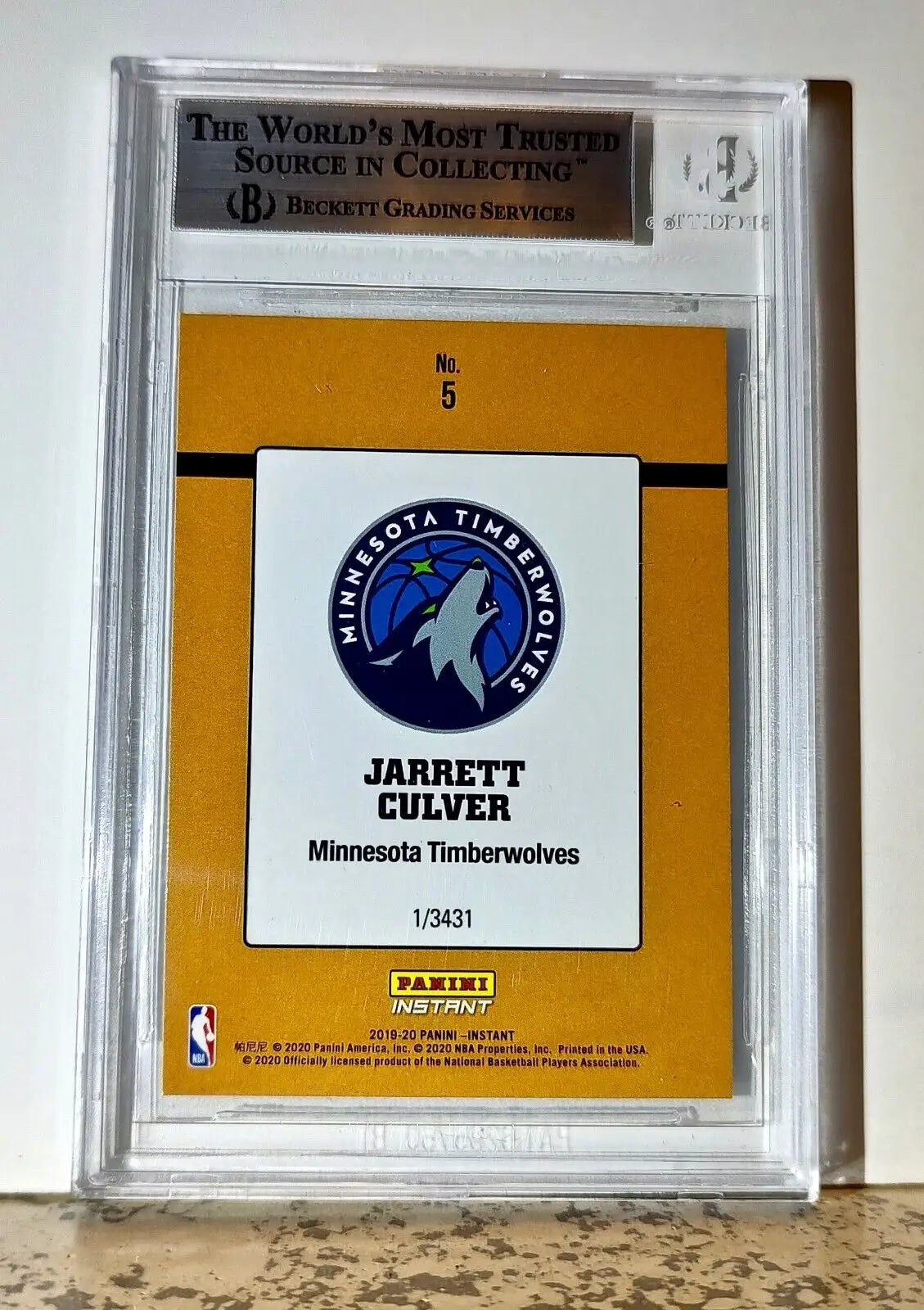 Jarrett Culver 2019-20 Panini NBA #5 Draft Rookie 1/3431 BGS 9 Mint Timberwolves - Basketball Card Single
