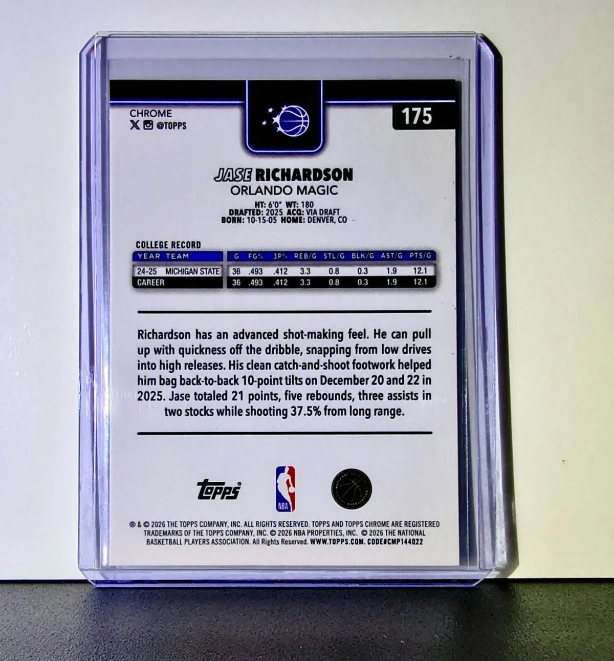 Jase Richardson Rookie 2025-26 NBA Topps Chrome Update #175 Card Orlando Magic - Basketball Card Single