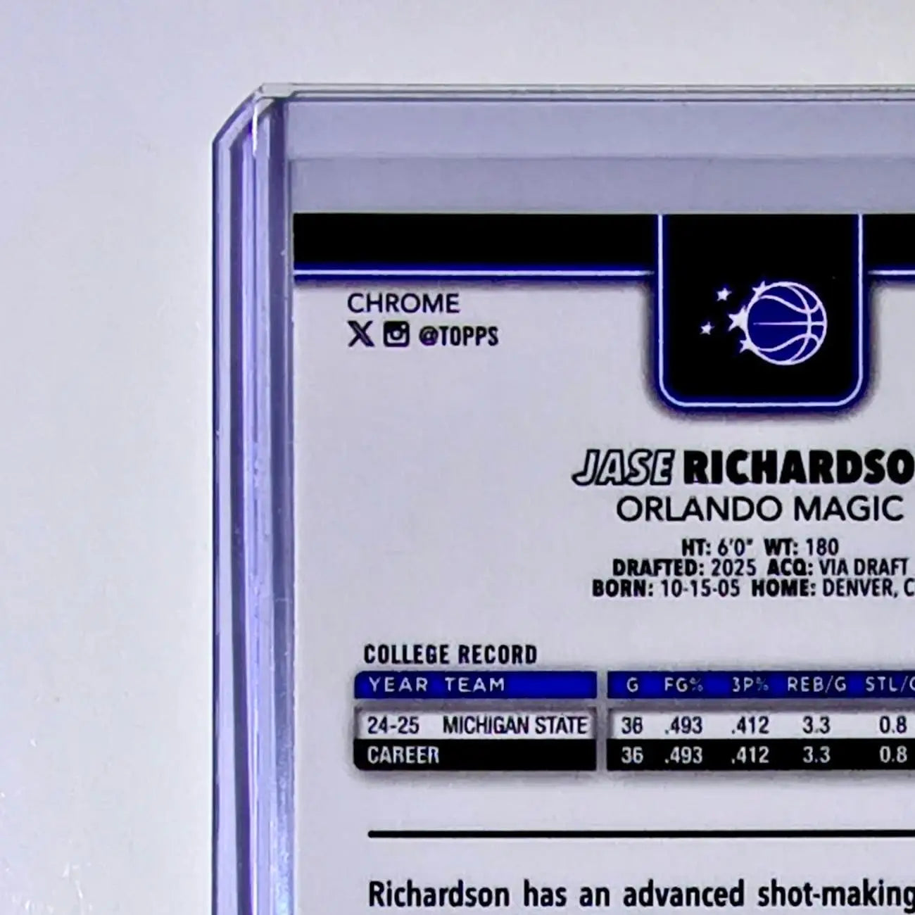 Jase Richardson Rookie 2025-26 NBA Topps Chrome Update #175 Card Orlando Magic - Basketball Card Single