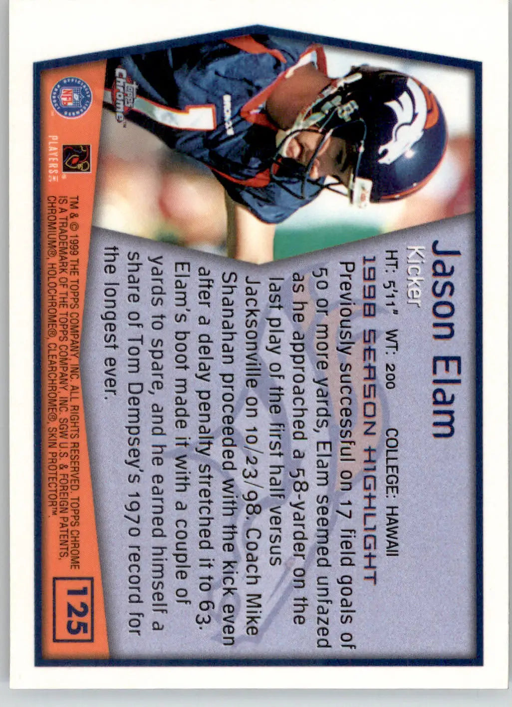 Jason Elam - 1999 Topps Chrome - #125 - Football - Football Card Single