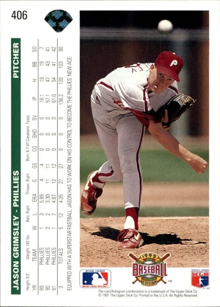 Jason Grimsley 1992 Upper Deck MLB #406 Baseball Card Philadelphia Phillies