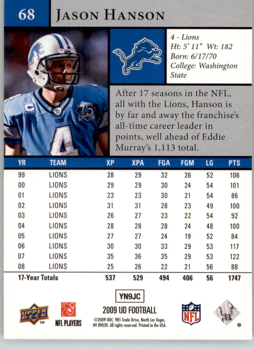 Jason Hanson - 2009 Upper Deck - #68 - Football - Football Card Single