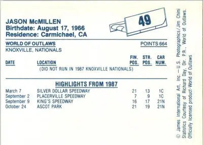 Jason McMillen - 1987 World of Outlaws - #49 - Racing - Racing Card Single