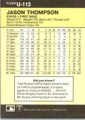 Jason Thompson - 1986 Fleer Update - #U-113 - Baseball - Baseball Card Single