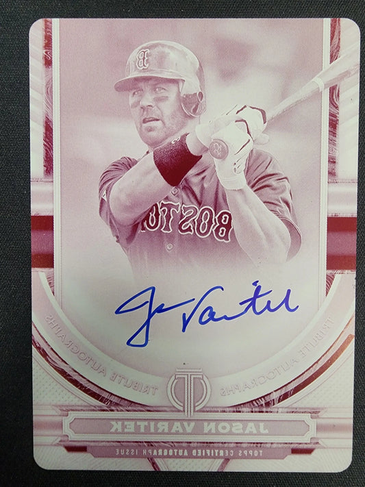 Baseball trading card of Jason Varitek with Topps Tribute Magenta Printing Plate autograph