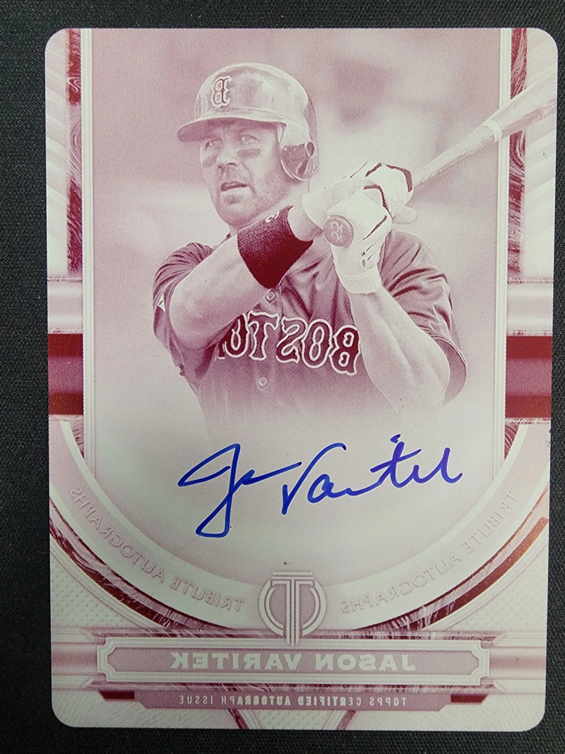 Baseball trading card of Jason Varitek with Topps Tribute Magenta Printing Plate autograph