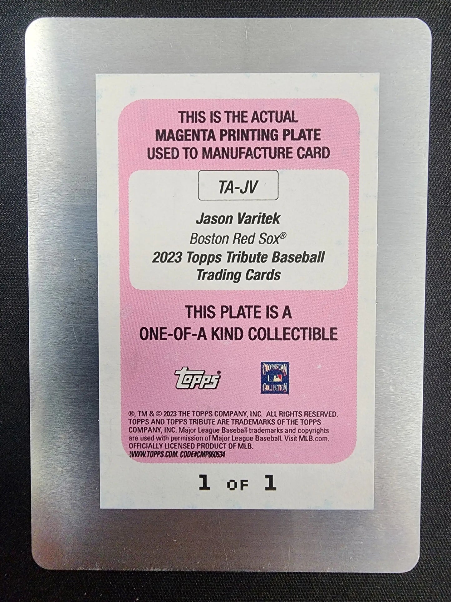 Magenta printing plate for Jason Varitek 2023 Topps Tribute Magenta baseball card