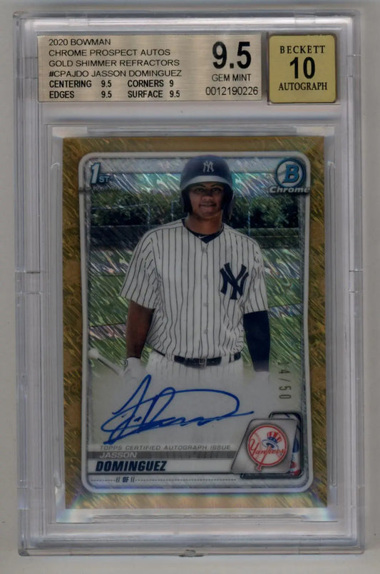 Jasson Dominguez 2020 Bowman Chrome Prospect Auto Gold Shimmer 14/50 BGS 9.5 Gem Mint Auto 10 - Baseball Card Single