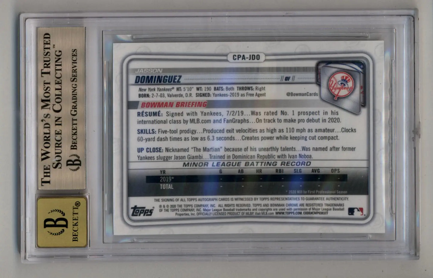 Jasson Dominguez 2020 Bowman Chrome Prospect Auto Gold Shimmer 14/50 BGS 9.5 Gem Mint Auto 10 - Baseball Card Single