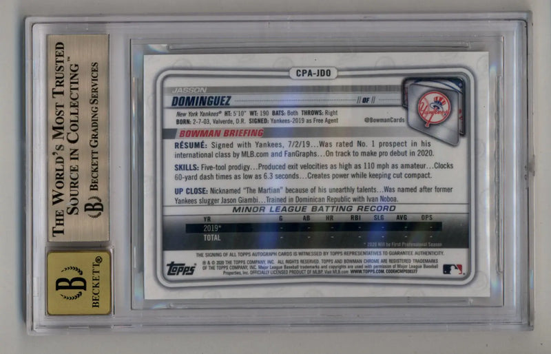 Jasson Dominguez 2020 Bowman Chrome Prospect Auto Gold Shimmer 14/50 BGS 9.5 Gem Mint Auto 10 - Baseball Card Single
