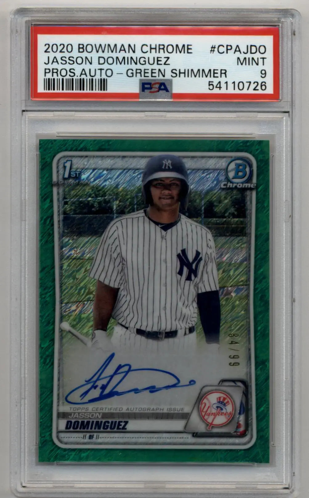 Jasson Dominguez 2020 Bowman Chrome Prospect Green Shimmer Auto 84/99 PSA 9 Mint - Baseball Card Single