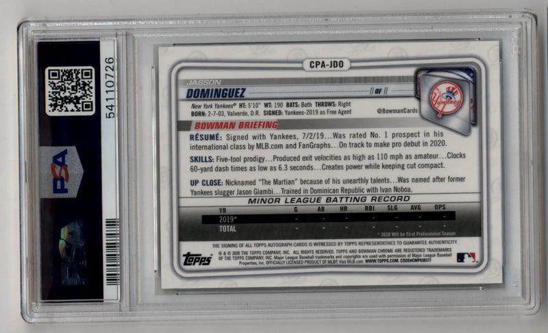 Jasson Dominguez 2020 Bowman Chrome Prospect Green Shimmer Auto 84/99 PSA 9 Mint - Baseball Card Single
