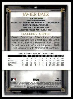 Javier Baez 2021 Topps Gallery #48 New York Mets - Baseball Card Single