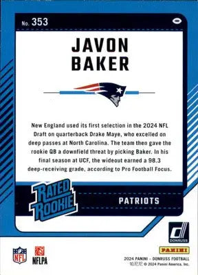 Javon Baker Rookie 2024 Donruss #353 New England Patriots - Football Card Single