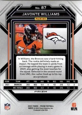 Javonte Williams - 2022 Panini Prizm - #87 - Silver Football - Football Card Single