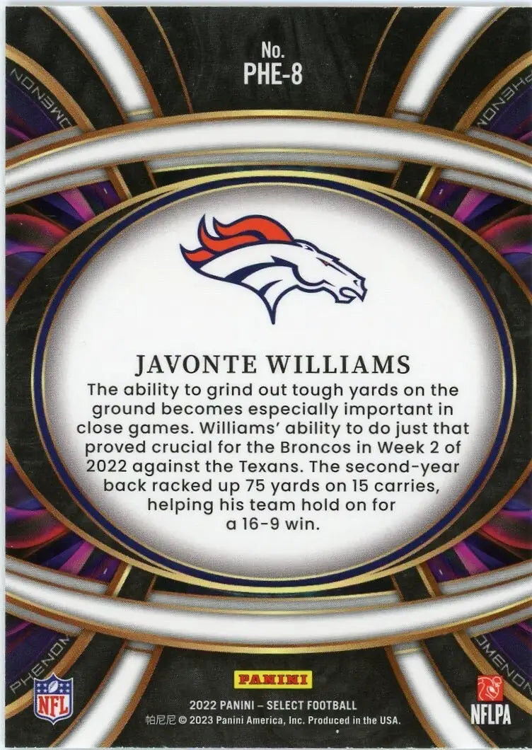 Javonte Williams 2022 Panini Select Phenomenon #PHE-8 Denver Broncos Football - Football Card Single