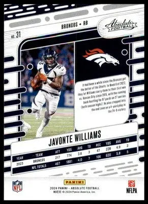 Javonte Williams 2024 Panini Absolute Retail #31 Denver Broncos Football Card - Football Card Single