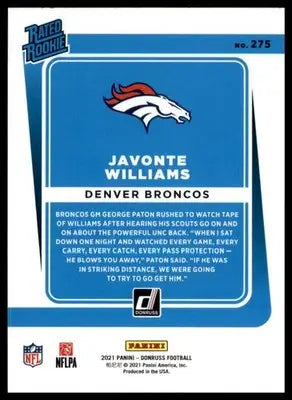 Javonte Williams Rookie 2021 Donruss #275 Denver Broncos - Football Card Single