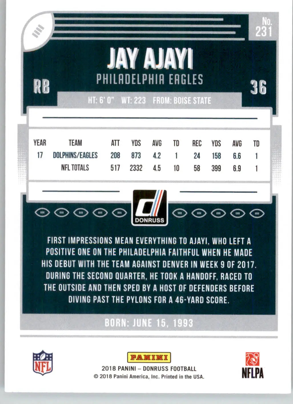 Jay Ajayi - 2018 Donruss - #231 - Football - Football Card Single