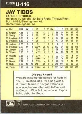 Jay Tibbs - 1986 Fleer Update - #U-116 - Baseball - Baseball Card Single