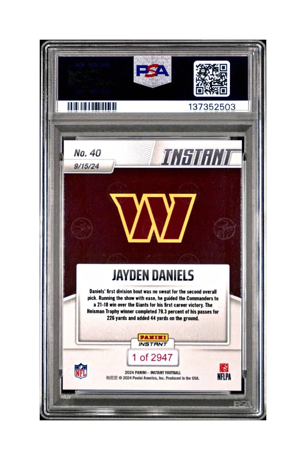 Jayden Daniels Rookie 2024 Panini Instant NFL #40 PSA 10 Gem Mint