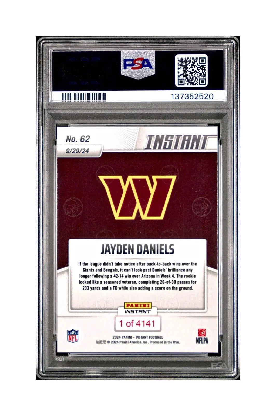Jayden Daniels Rookie 2024 Panini Instant NFL #62 PSA 10 Gem Mint