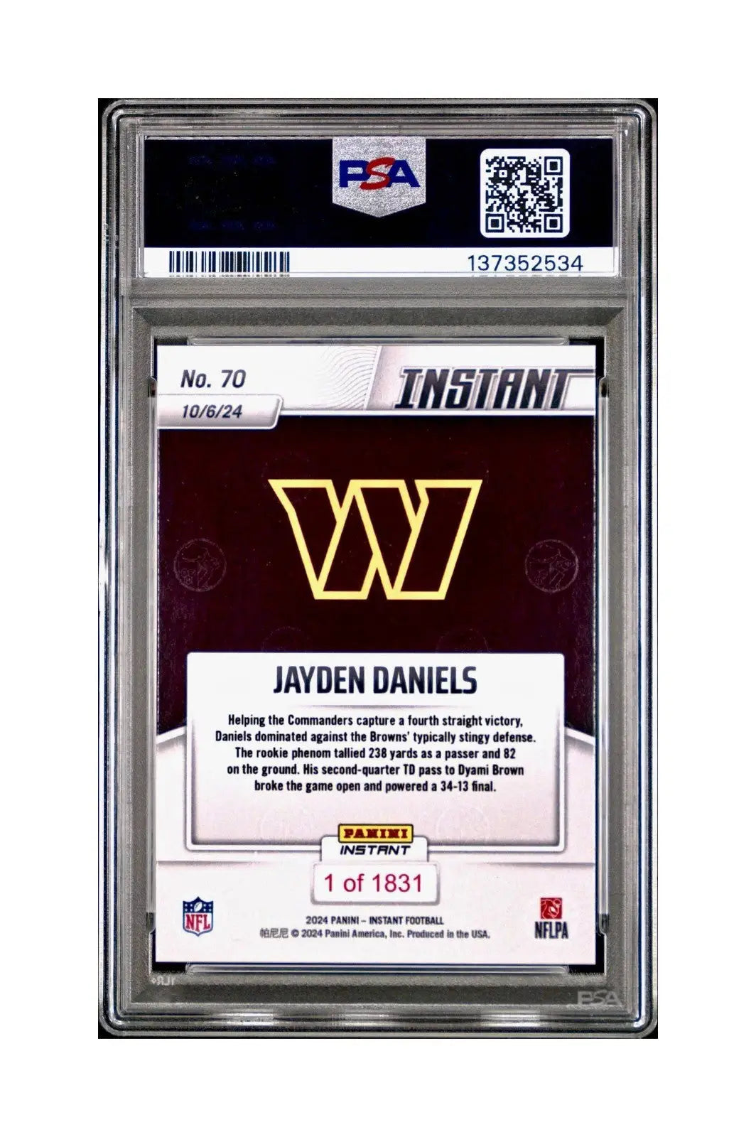 Jayden Daniels Rookie 2024 Panini Instant NFL #70 PSA 10 Gem Mint