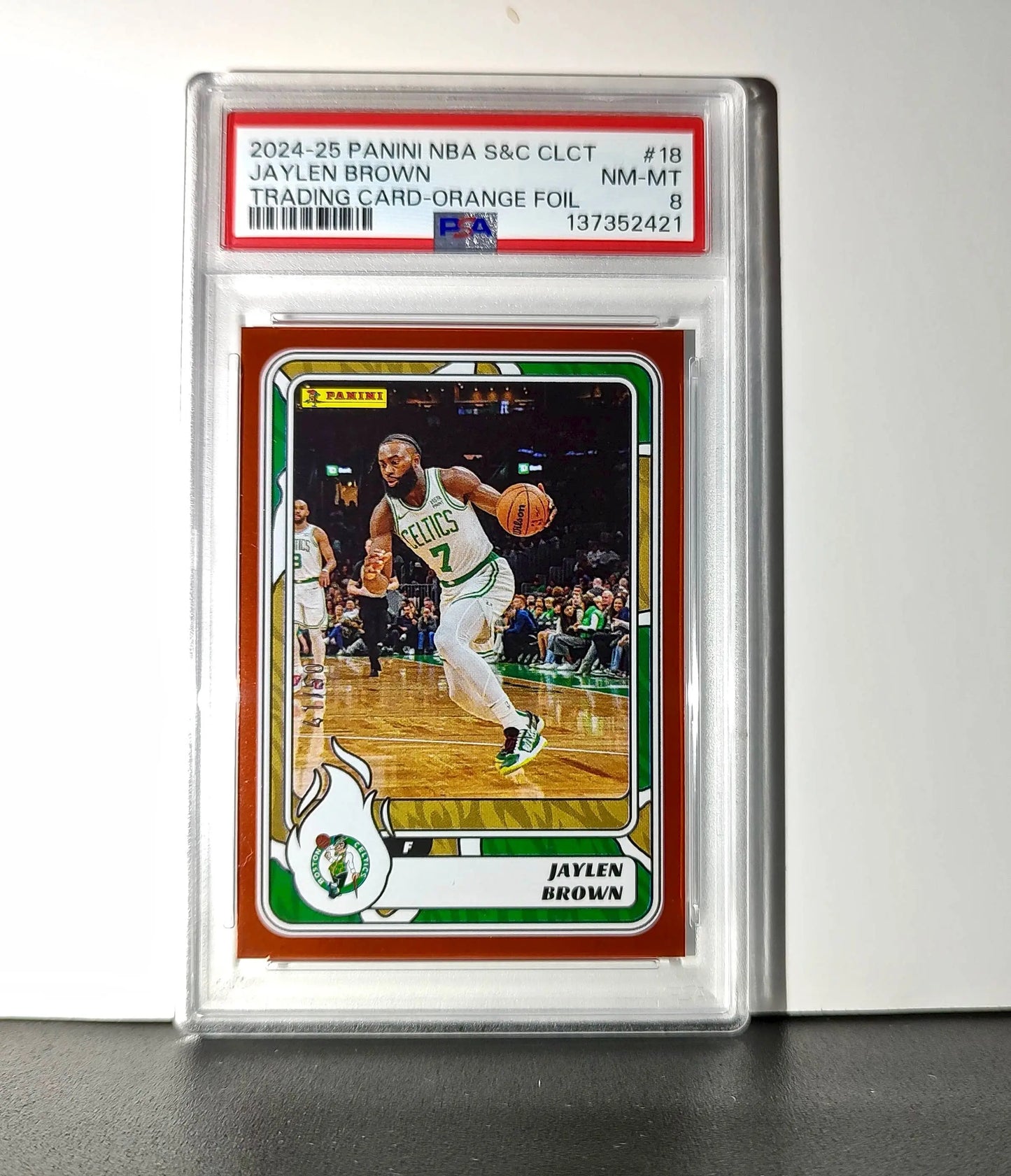 Jaylen Brown 2024-25 Panini NBA #18 Sticker 41/50 Orange Foil PSA 8 NM-MT