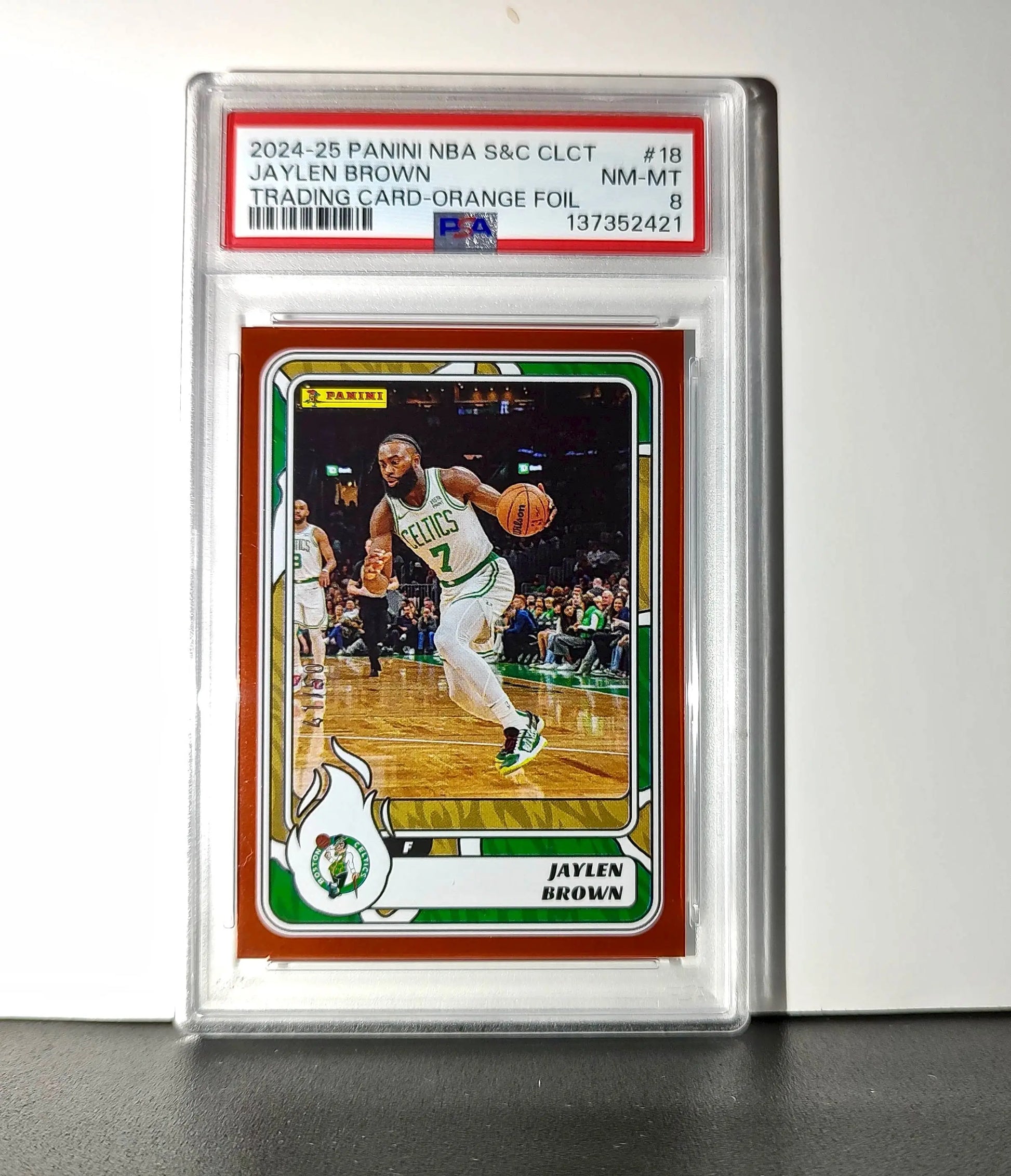 Jaylen Brown 2024-25 Panini NBA #18 Sticker 41/50 Orange Foil PSA 8 NM-MT