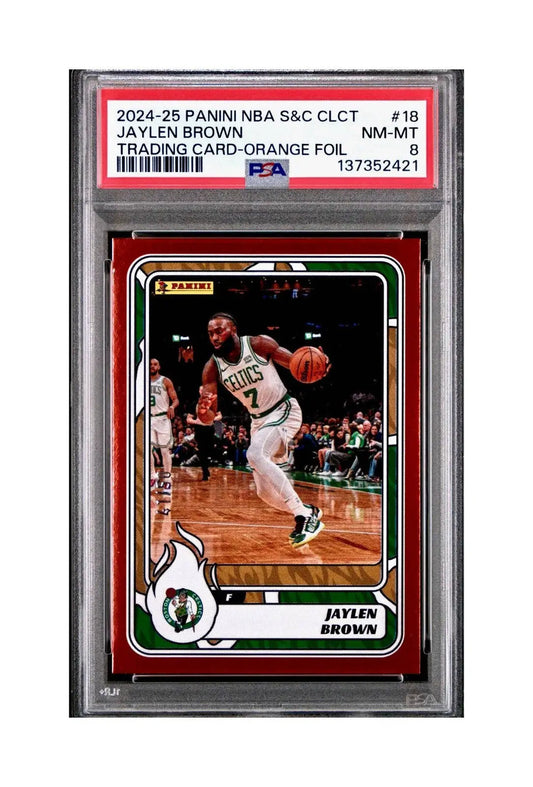 Jaylen Brown 2024-25 Panini NBA #18 Sticker 41/50 Orange Foil PSA 8 NM-MT - Basketball Card Single