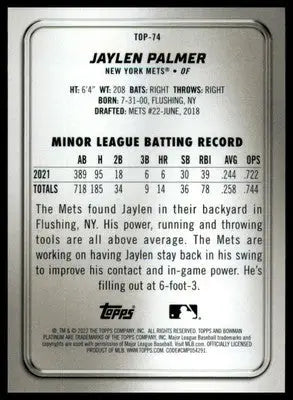 Jaylen Palmer 2022 Bowman Platinum Top Prospects #TOP-74 New York Mets - Baseball Card Single