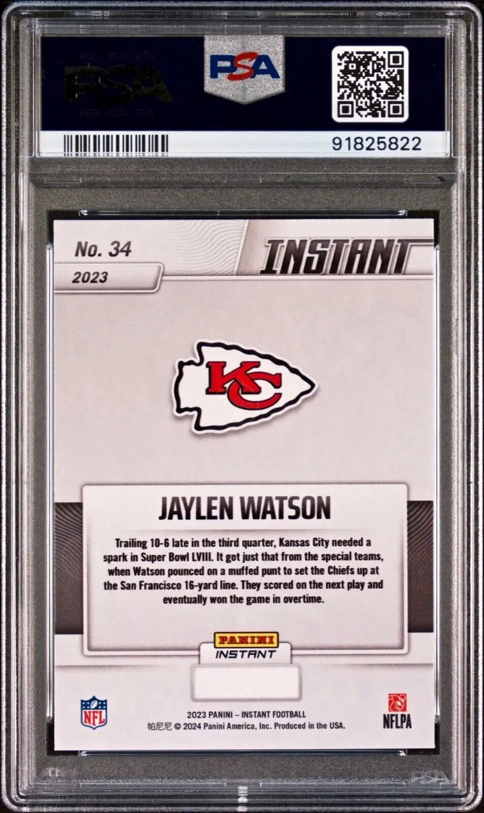 Jaylen Watson 2023 Panini NFL Superbowl Champions #34 Card PSA 9 Mint - Football Card Single