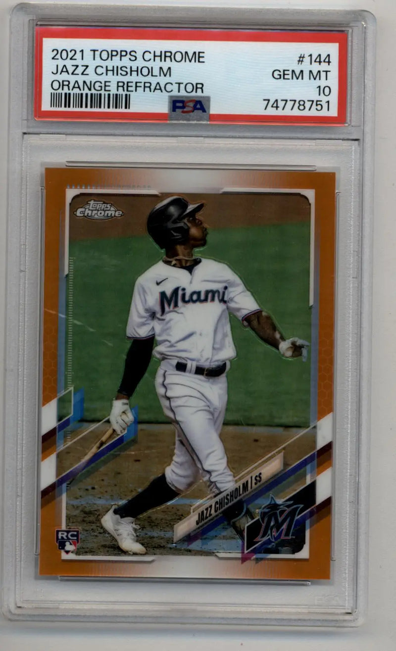 Jazz Chisholm 2021 Topps Chrome Orange Refractor baseball card PSA 10 Gem Mint