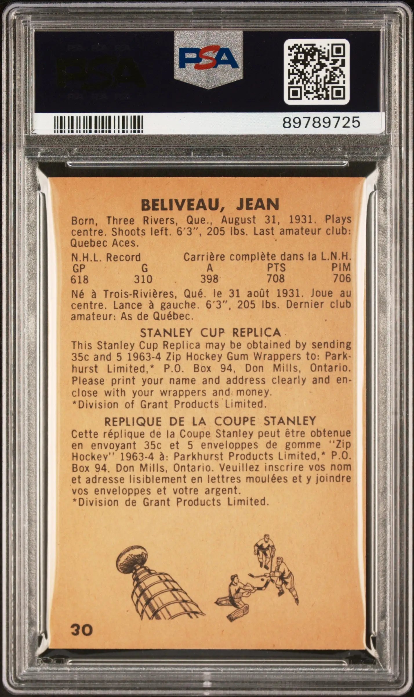 PSA-graded Jean Beliveau 1963 Parkhurst #30 trading card with player illustration