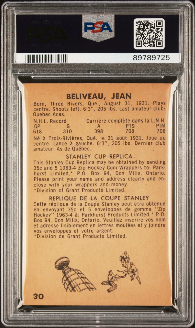 PSA-graded Jean Beliveau 1963 Parkhurst #30 trading card with player illustration